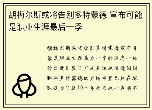 胡梅尔斯或将告别多特蒙德 宣布可能是职业生涯最后一季