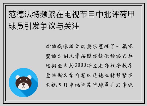 范德法特频繁在电视节目中批评荷甲球员引发争议与关注